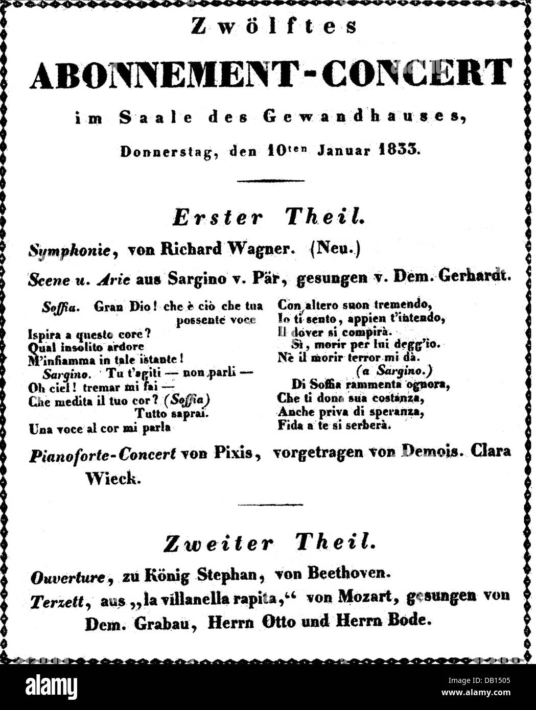 Wagner, Richard, 22.5.1813 - 13.2.1883, compositore tedesco, sinfonia in C Major, prima mondiale, annuncio, Gewandhaus, Leipzig, 10.1.1833, da: Richard Wagner - la sua vita e opere in immagini, Frauenfeld - Leipzig, 1938, Foto Stock Wagner, Richard, 22.5.1813 - 13.2.1883, compositore tedesco, sinfonia in C Major, prima mondiale, annuncio, Gewandhaus, Leipzig, 10.1.1833, da: Richard Wagner - la sua vita e opere in immagini, Frauenfeld - Leipzig, 1938, Foto Stock