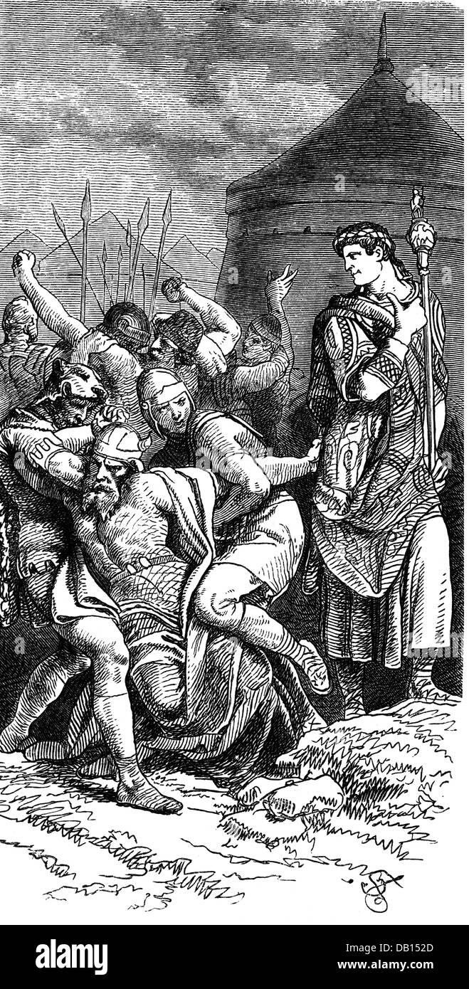 Guerra gallica 58 - 50 a.C., Proconsole Gaius Iulius Cesare ha capi degli Usipi e Tencteri arrestati, 55 a.C., incisione del legno, XIX secolo, Giulio, Romano, Romani, Germanici, Impero Romano, Gallia, cattura, tradimento, tradimento, tradimento, perfidità, truffa, mondo antico, tempi antichi, uomo, uomini, storia, mondo, mondo, antico, uomini, mondo, storia, uomini, mondo, antico Diritti-aggiuntivi-clearences-non-disponibili Foto Stock