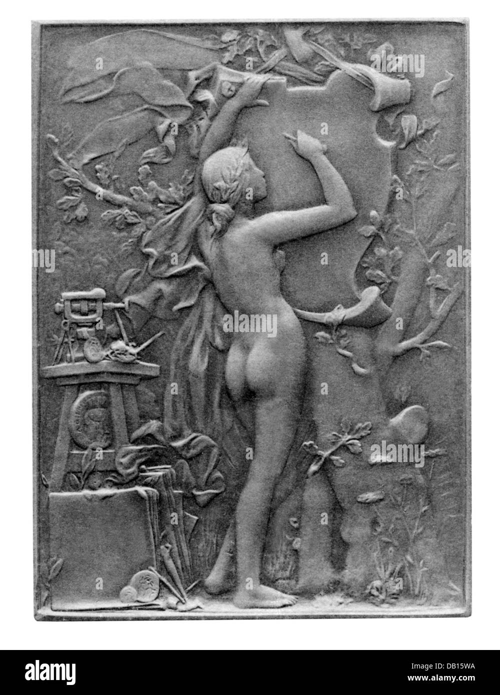 Belle arti, badge, figura simbolica delle belle arti con pergamena, Stuttgarter Metallwarenfabrik Mayer & Wilhelm, uomini famosi serie, Stoccarda, circa 1900, artista del diritto d'autore non deve essere cancellata Foto Stock