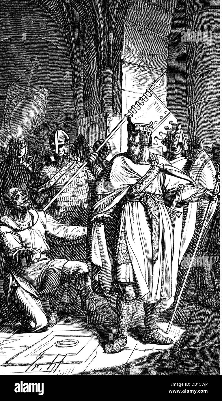 Federico i 'Barbarossa', circa 1123 - 10.6.1190, Sacro Romano Imperatore  18.6.1155 - 10.6.1190, al giorno della sua incoronazione al Re dei Romani,  Aachen, 9.3.1152, incisione in legno 19th secolo Foto stock - Alamy