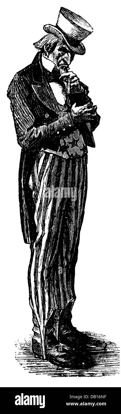 Lo zio Sam, la rappresentazione degli STATI UNITI D'AMERICA, a piena lunghezza e incisione su legno, dopo il disegno in 'Harper's Weekly', fine del XIX secolo, Foto Stock