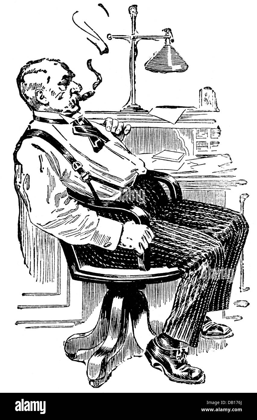 Morgan, John Pierpont Sr., 17.4.1837 - 31.3.1913, banchiere e uomo d'affari americani, a tutta lunghezza, nel suo ufficio a New York, incisione in legno, 1894, Foto Stock