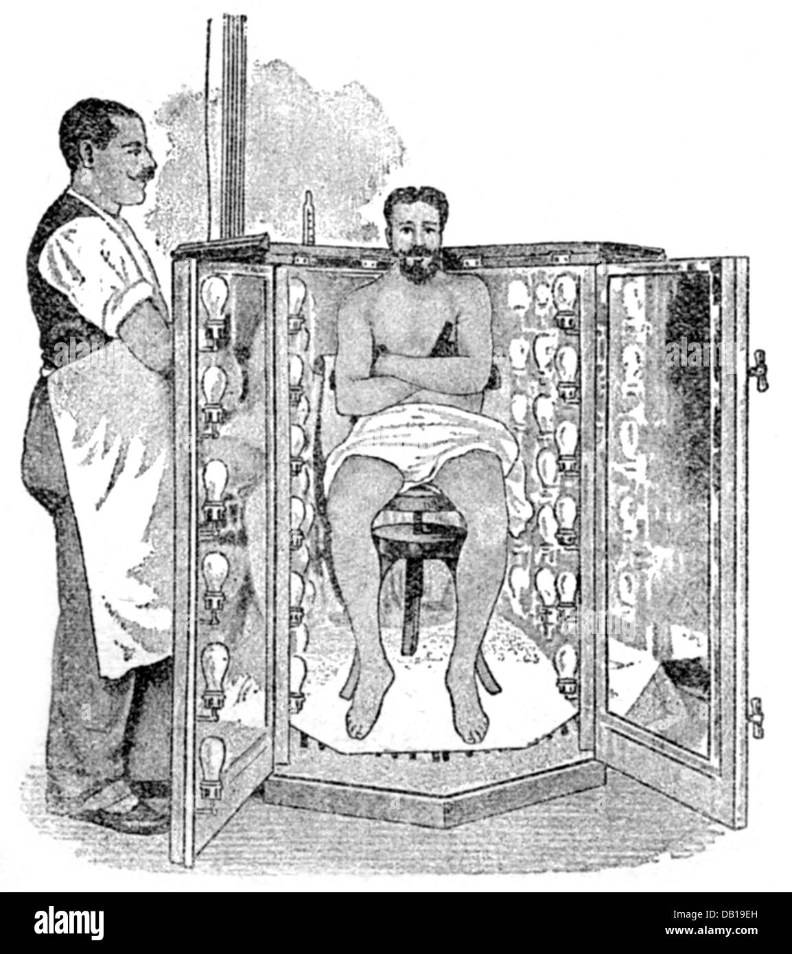 Medicina, trattamento, bagno elettrico incandescente, aperto, incisione in legno, da: Friedrich Eduard Bilz, New Naturopathic Treatment, Leipzig, Germania, 1902, Additional-Rights-Clearences-Not Available Foto Stock