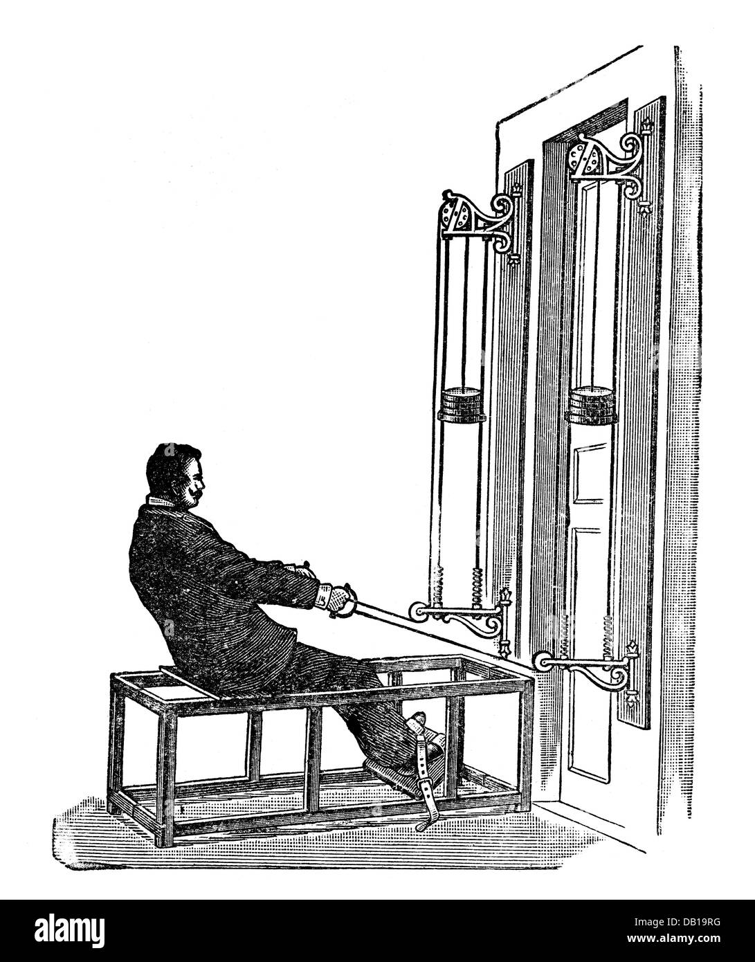 Medicina, trattamento, terapia, ginnastica medica, con apparecchio 'sanitas', incisione del legno, di F.S.Jahn, da: Friedrich Eduard Bilz, New Naturopathic Treatment, Leipzig, Germania, 1902, diritti aggiuntivi-clearences-not available Foto Stock