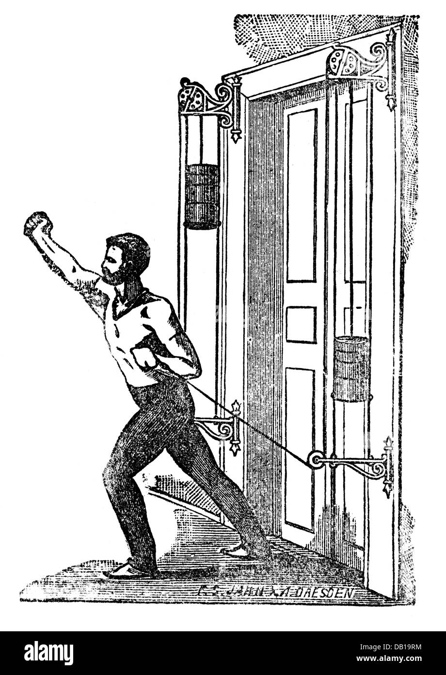 Medicina, trattamento, terapia, ginnastica medica, con apparecchio 'sanitas', incisione del legno, di F.S.Jahn, da: Friedrich Eduard Bilz, New Naturopathic Treatment, Leipzig, Germania, 1902, diritti aggiuntivi-clearences-not available Foto Stock