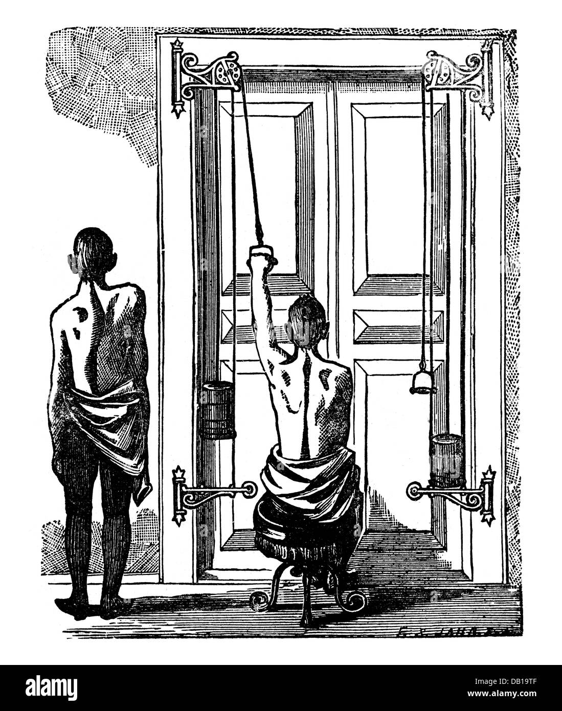 Medicina, trattamento, terapia, ginnastica medica per guarire un ribaltamento della schiena, con apparecchio 'sanitas', incisione del legno, di F.S.Jahn, da: Friedrich Eduard Bilz, New Naturopathic Treatment, Leipzig, Germania, 1902, Additional-Rights-Clearences-Not Available Foto Stock