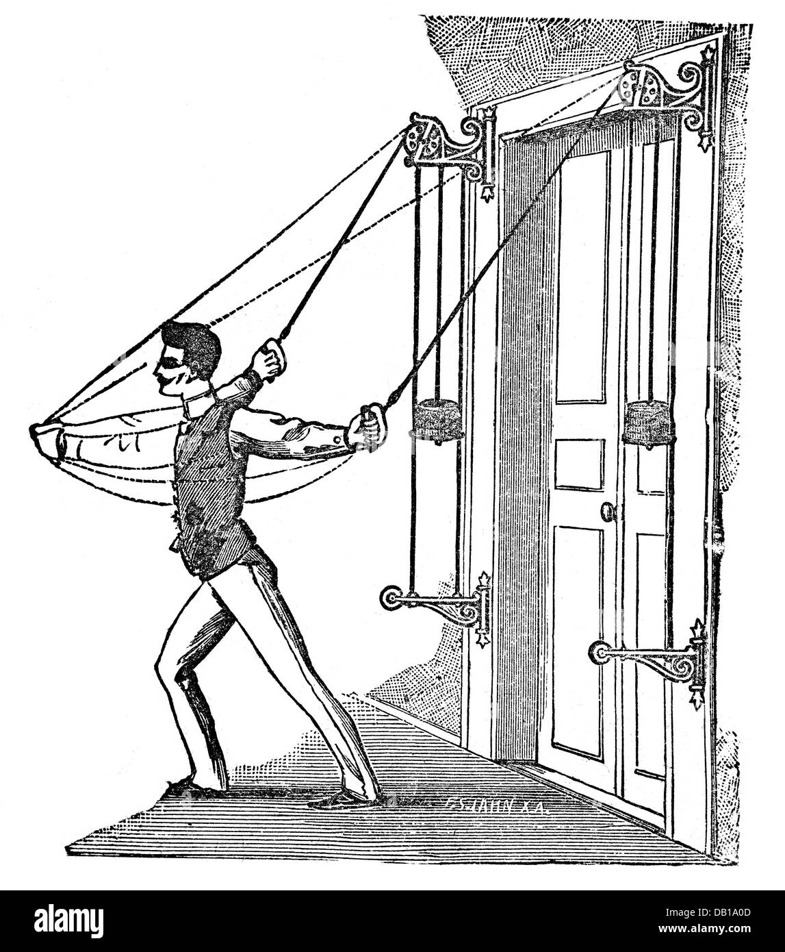 Medicina, trattamento, terapia, ginnastica medica per polmoni e cuore, con apparecchio 'sanitas', incisione del legno, di F.S.Jahn, da: Friedrich Eduard Bilz, New Naturopathic Treatment, Leipzig, Germania, 1902, Additional-Rights-Clearences-Not Available Foto Stock