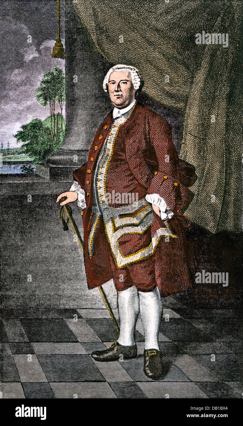 Benning Wentworth, ultimo royal governatore del New Hampshire. Colorate a mano l'incisione Foto Stock
