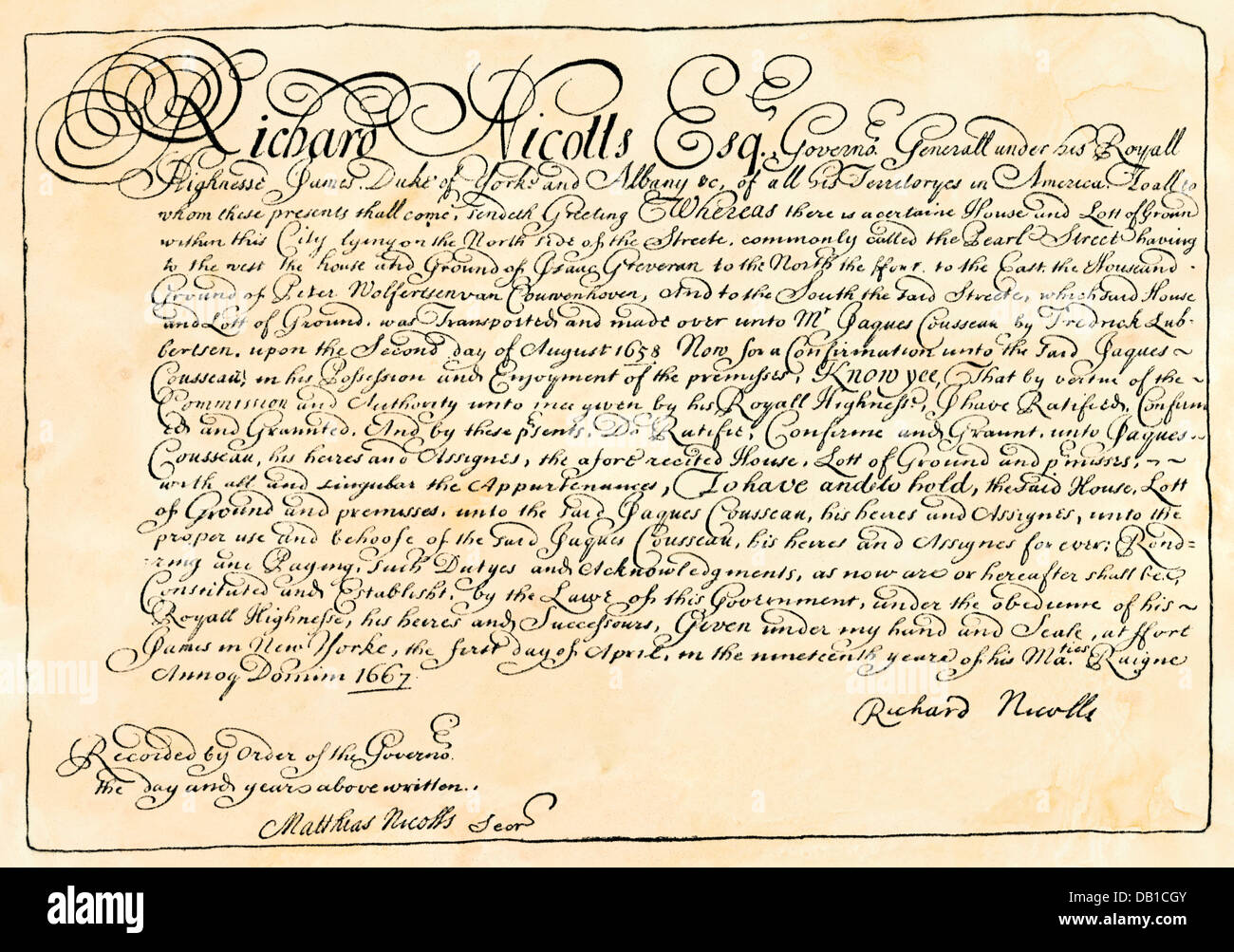 Documento firmato da Richard Nicolls, governatore britannico di New York colonia, 1667. Xilografia con un lavaggio ad acquerello Foto Stock