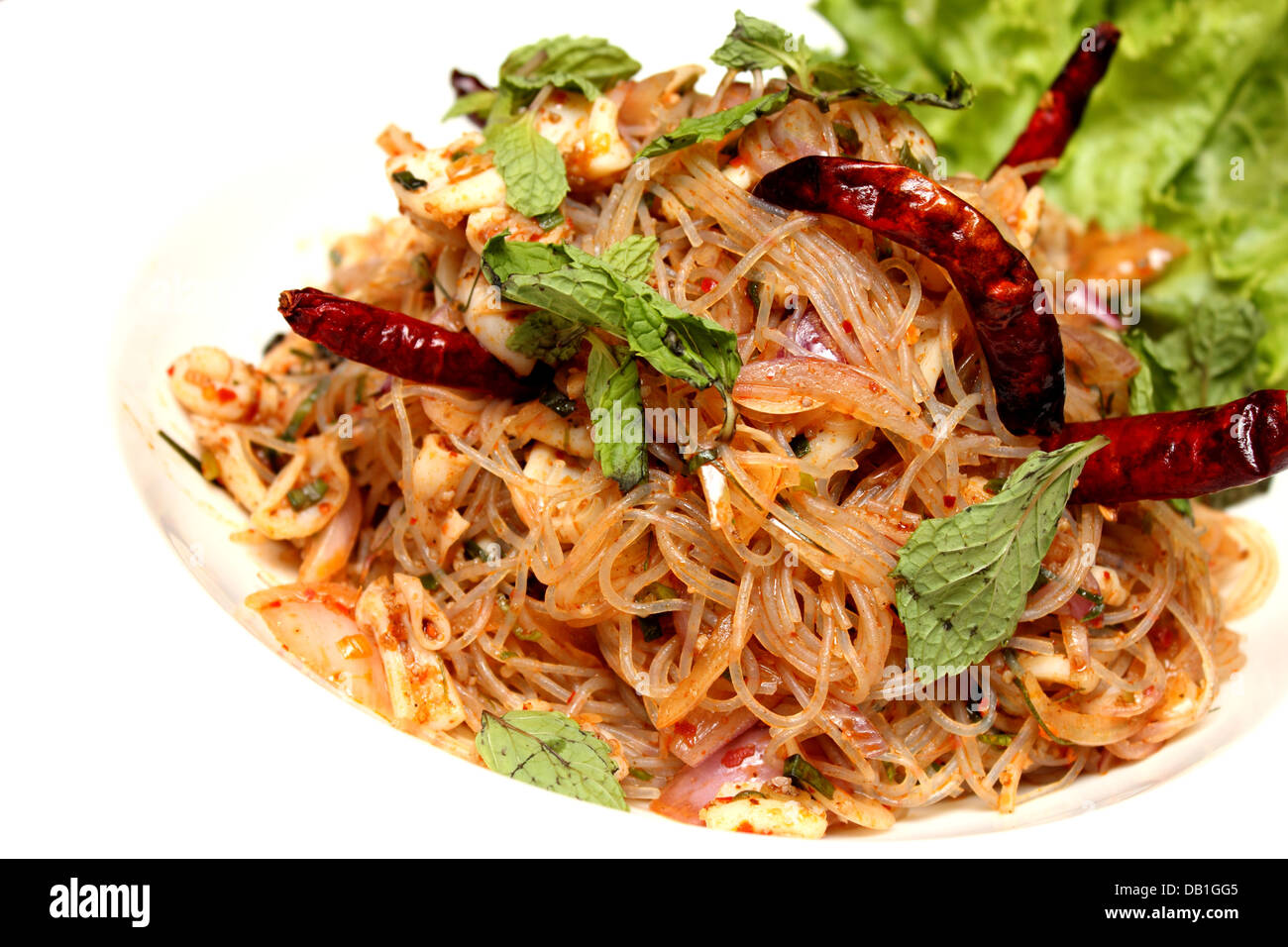 Close up mix piccante e insalata Thai di vermicelli cucina speziata Foto Stock