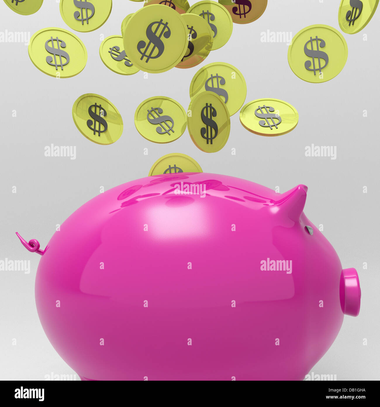 Monete di entrare Piggybank mostra il risparmio di denaro Foto Stock