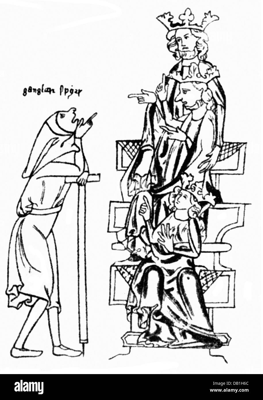 Letteratura, sagas nordiche, il calciamento di Gylfi, re Gylfi in veste di a come Gangleri interrogano gli dei Odin, Vili e VE (l'alto, l'alto uguale e il terzo), dopo miniatura, Snorra-Edda, Codice Upsaliensis, circa 1300, diritti aggiuntivi-clearences-non disponibili Foto Stock