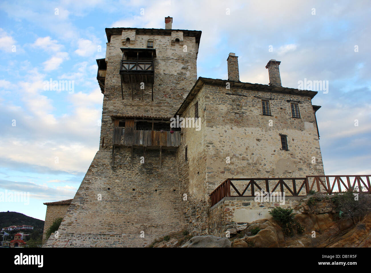 La vecchia torre di Ouranoupolis, Calcidica, Grecia Foto Stock