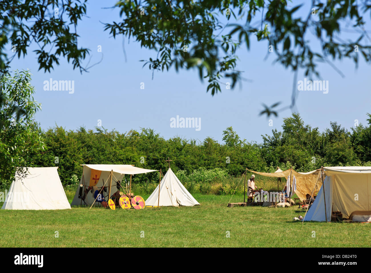 Viking Village settlement area soggiorno a Flag Fen parco archeologico, Peterborough, Inghilterra Foto Stock