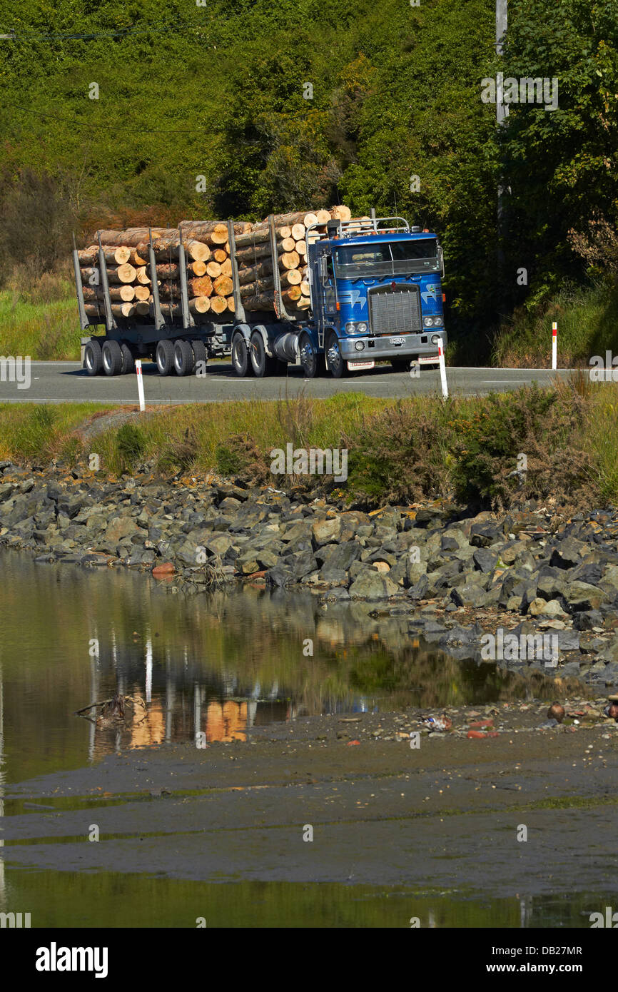 Il carrello di registrazione con esportare i registri vicino a Port Chalmers, Dunedin, Otago, Isola del Sud, Nuova Zelanda Foto Stock