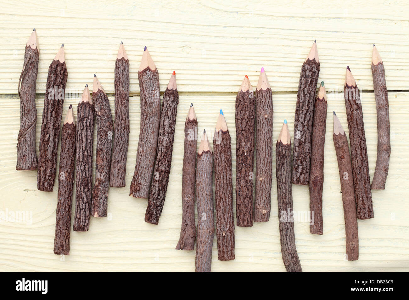 Fila di tronco di albero matite sul tavolo di legno Foto Stock