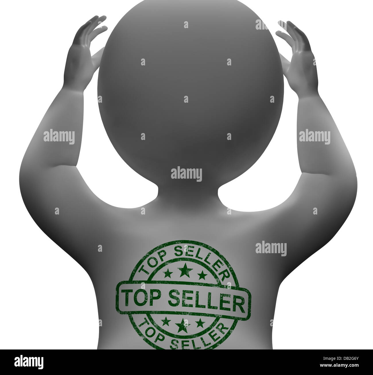 Top Seller timbro sull uomo che mostra il miglior servizio o prodotto Foto Stock