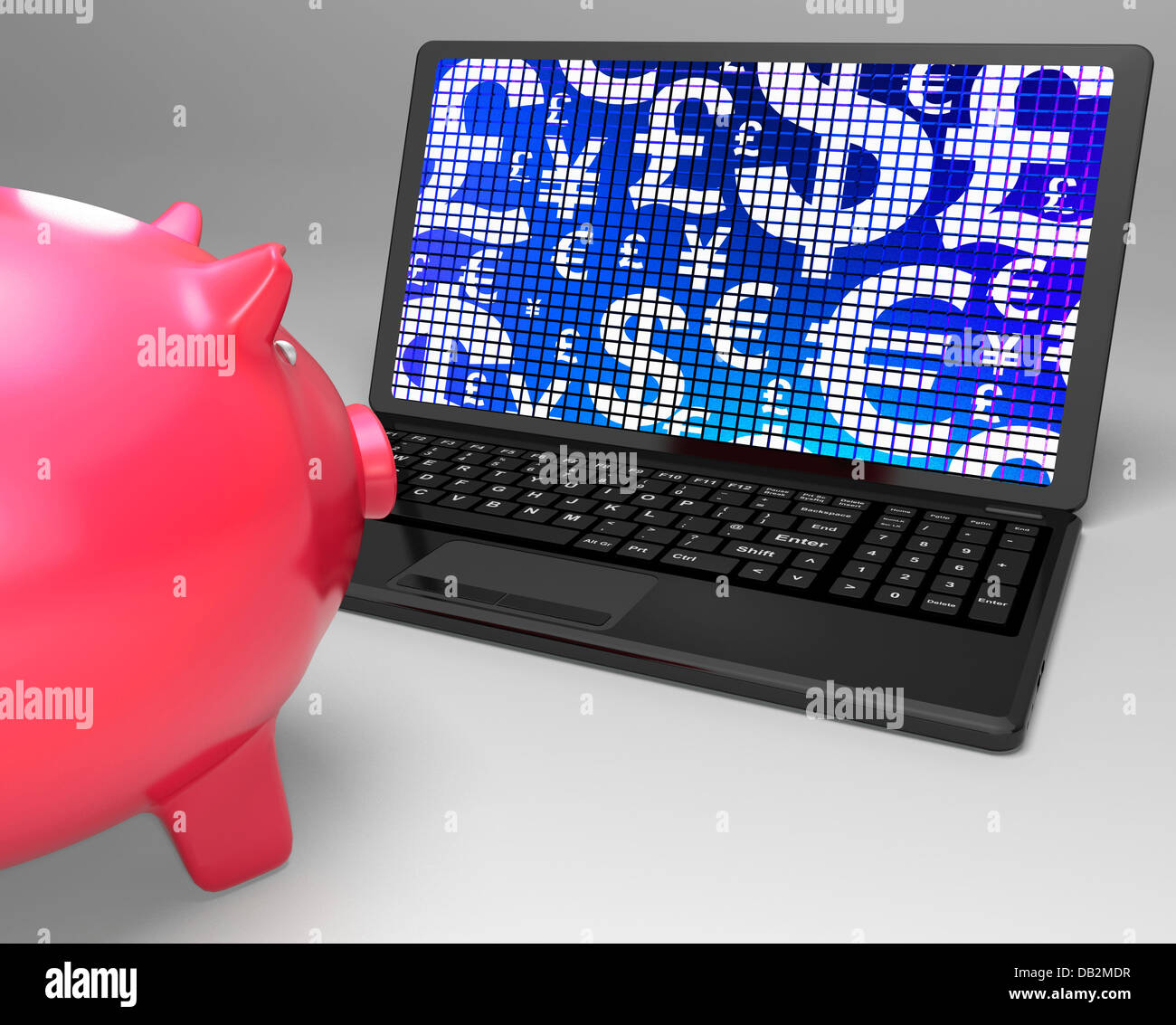 Valute su laptop mostra economia globale Foto Stock