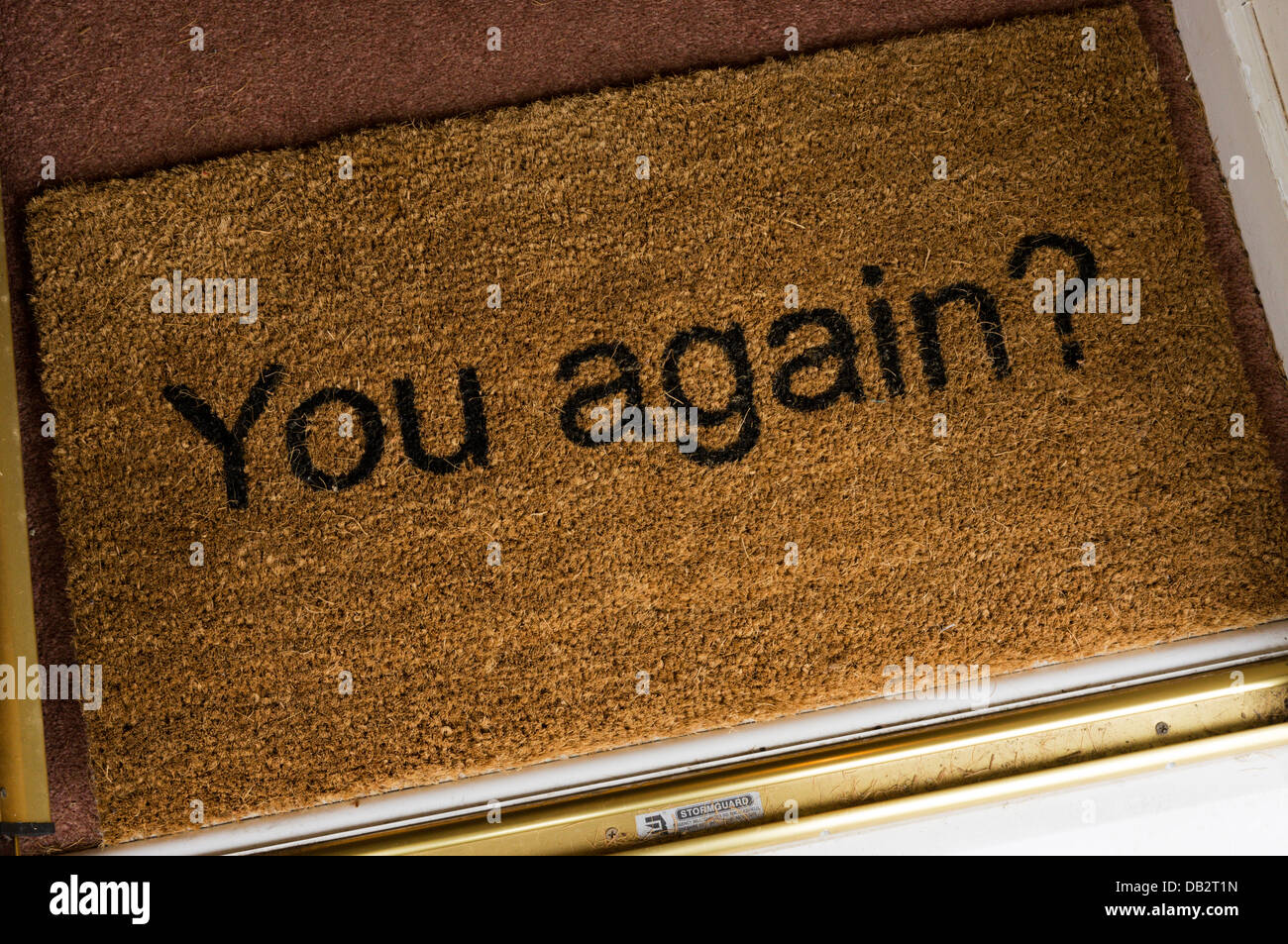 Un jokey zerbino all'interno dello sportello anteriore di una casa. Foto Stock