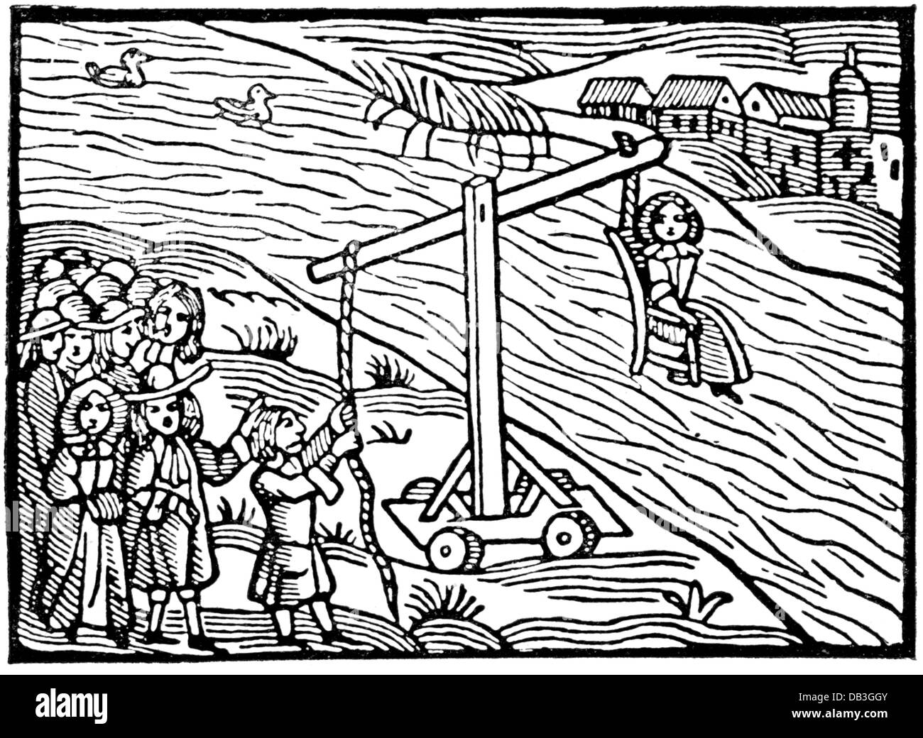 giustizia, sistema penitenziario, anatra, sgabello ducking, taglio di legno, 18 ° secolo, 18 ° secolo, Gran Bretagna, giurisdizione, pena, sanzioni, punizioni, pena di umiliazione pubblica, umiliazioni pubbliche, fiume, fiumi, acqua, rocker, immersione, immersione, penalità per profittaggio, prezzo sgorbia e sopraffarivaggio, anatre, taglio di legno, scorie storiche, diritti aggiuntivi, non disponibili Foto Stock