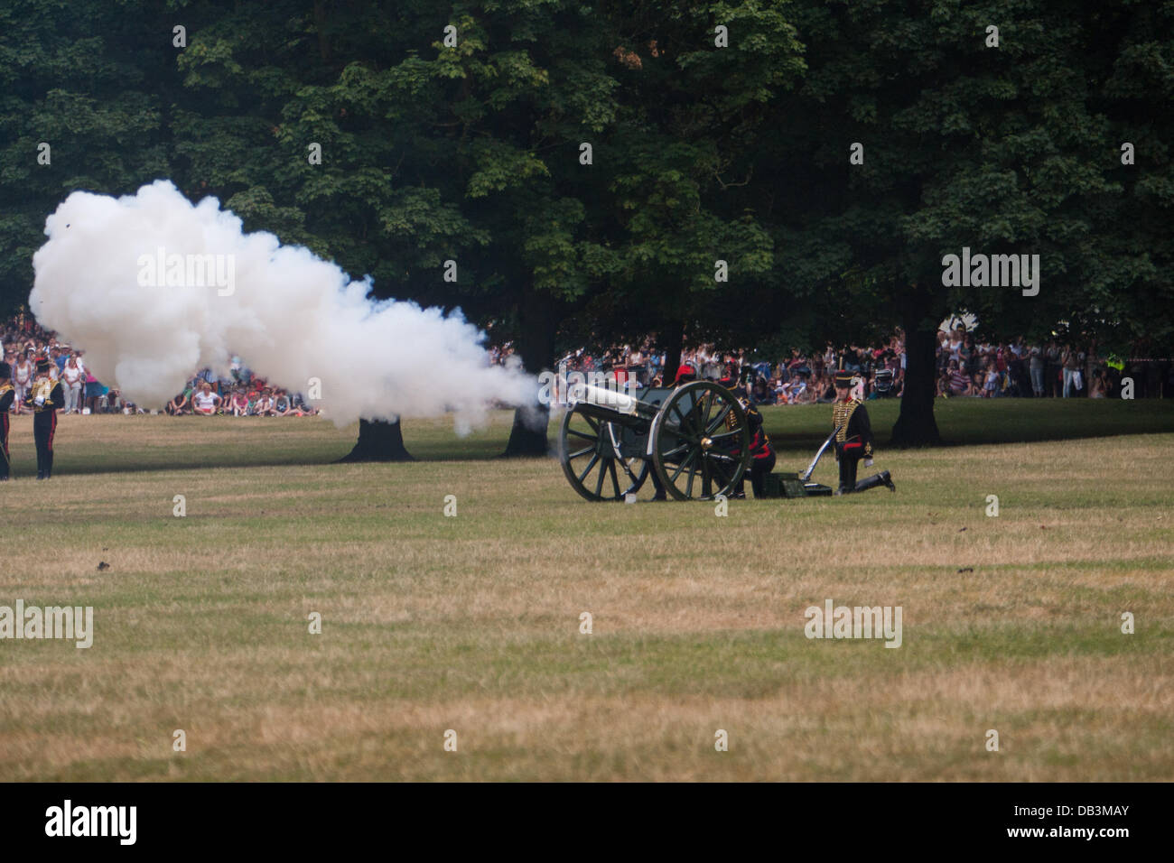 Londra, Regno Unito. Il 23 luglio 2013. Il Re della truppa cavallo Royal Artillery con 71 cavalli tirando sei prima guerra mondiale-Ser 13-pounder cannoni nel parco verde di allestimento di un 41 royal pistola omaggio per la nascita del figlio di il Duca e la Duchessa di Cambridge. Il 23 luglio 2013, Londra, Regno Unito. Credito: martyn wheatley/Alamy Live News Foto Stock