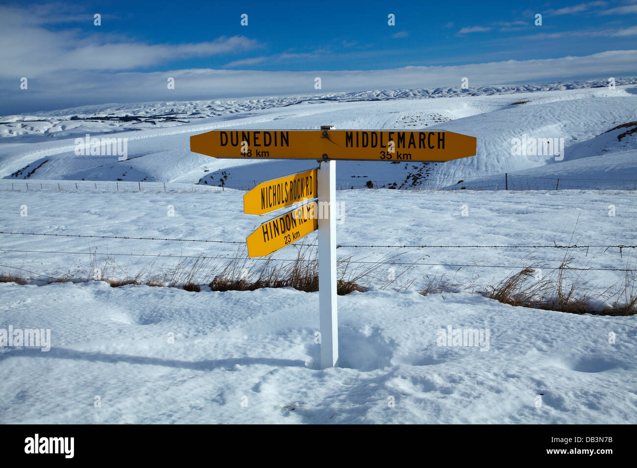 Cartello stradale, la Statale 87 (Dunedin - Middlemarch Road), Strath Taieri, Otago, Isola del Sud, Nuova Zelanda Foto Stock