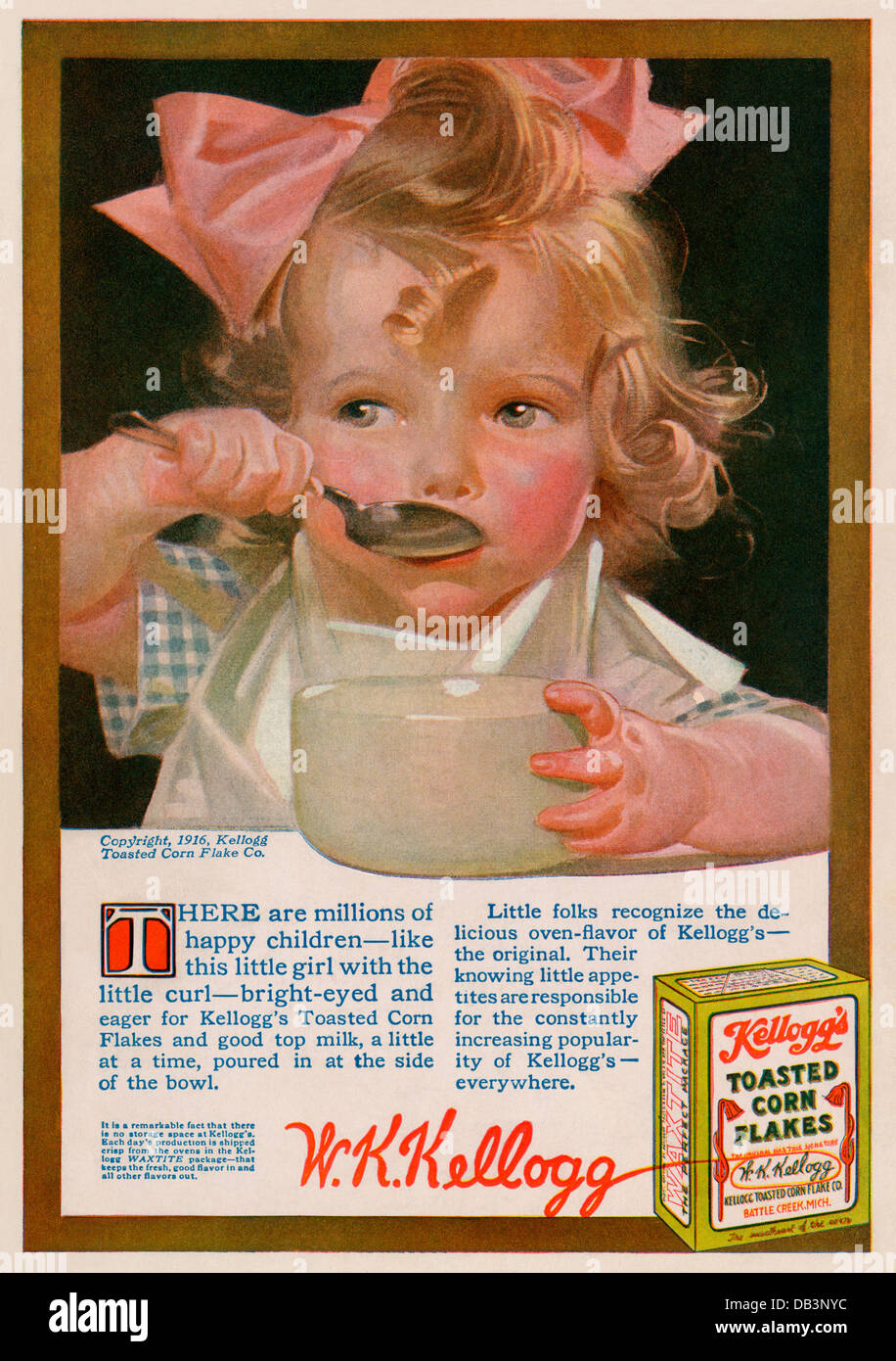 Pubblicità per Kellogg's corn flakes, 1916. Colore illustrazione dei mezzitoni Foto Stock