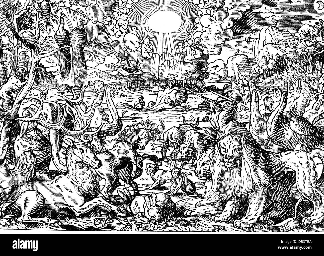La religione, scene bibliche, paradise, incisione su rame di Matthew Merian, di Francoforte sul Meno, Germania, 1633, artista del diritto d'autore non deve essere cancellata Foto Stock