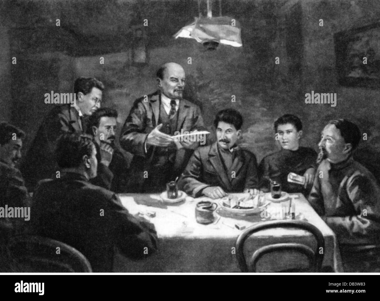 Lenin (Vladimir Ilyich Ulyanov), 22.4.1870 - 21.1.1924, politico russo, a metà lunghezza, dopo il suo ritorno dalla Finlandia con il Comitato Centrale del partito comunista, con Joseph Stalin, San Pietroburgo, 23.10.1917, dipinto di Sergei Lupov (1893 - 1977), 20th secolo, Foto Stock