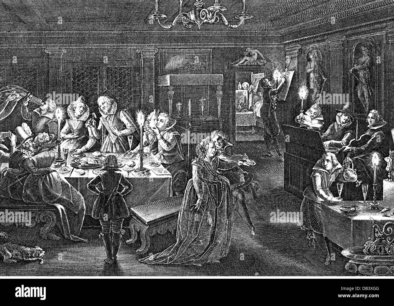 Feste, orge, binges, harem feste, abbuffata di notte, dopo Gabriel Weyer (1580 - 1640), incisione su rame di Peter Isselburg (circa 1580 - 1630 / 1631), 1613, l'artista del diritto d'autore non deve essere cancellata Foto Stock