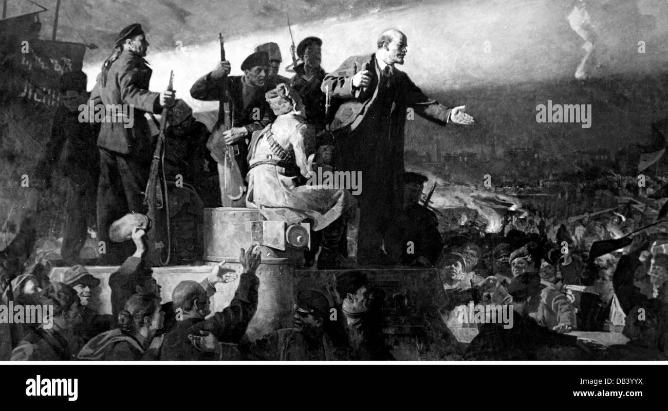Lenin (Vladimir Ilyich Ulyanov), 22.4.1870 - 21.1.1924, politico russo, arrivo alla stazione finlandese di San Pietroburgo, 3.4.1917, dipinto di K.Aksenow, 20th secolo, Foto Stock