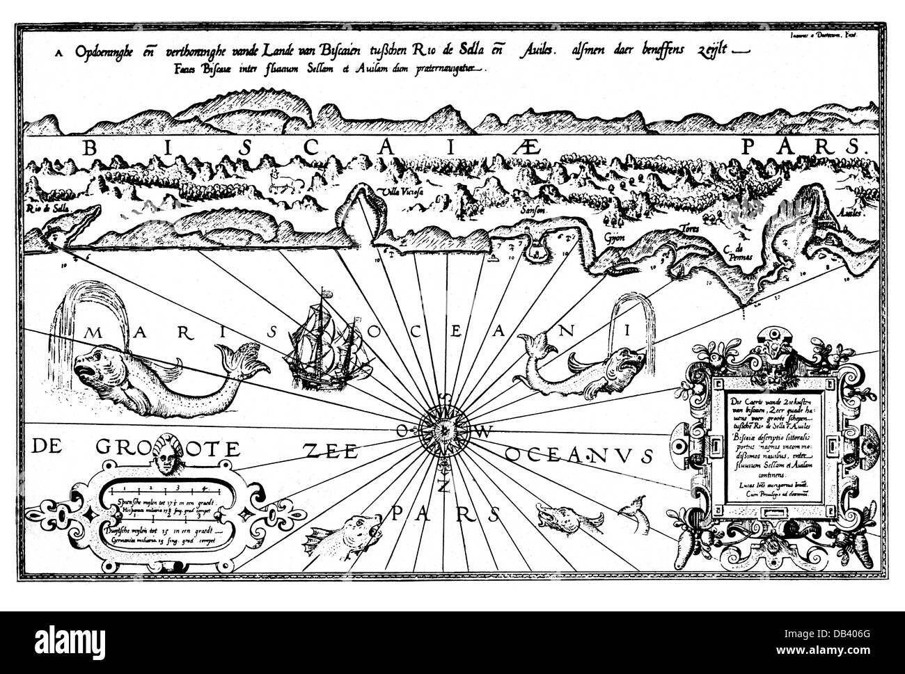 Cartografia, carte del mare, costa settentrionale della Spagna, Baia di Biscaglia, mappa di Lucas Janszoon Waghenaer 'Pieghel der Zeevaert', Leiden, 1584, diritti-aggiuntivi-clearences-not available Foto Stock