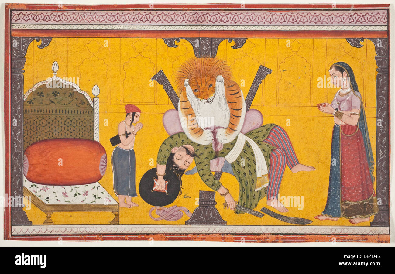 Disemboweling Narasimha Hiranyakashipu, Folio da un Bhagavata Purana (storie antiche del Signore) M.82.42.8 (1 di 5) Foto Stock