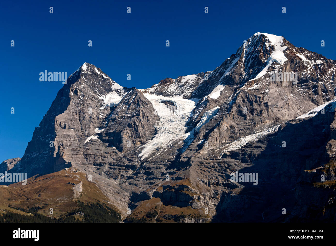Vette Eiger e Moench e glacier Eigergletscher, Muerren, Oberland bernese, Svizzera Foto Stock