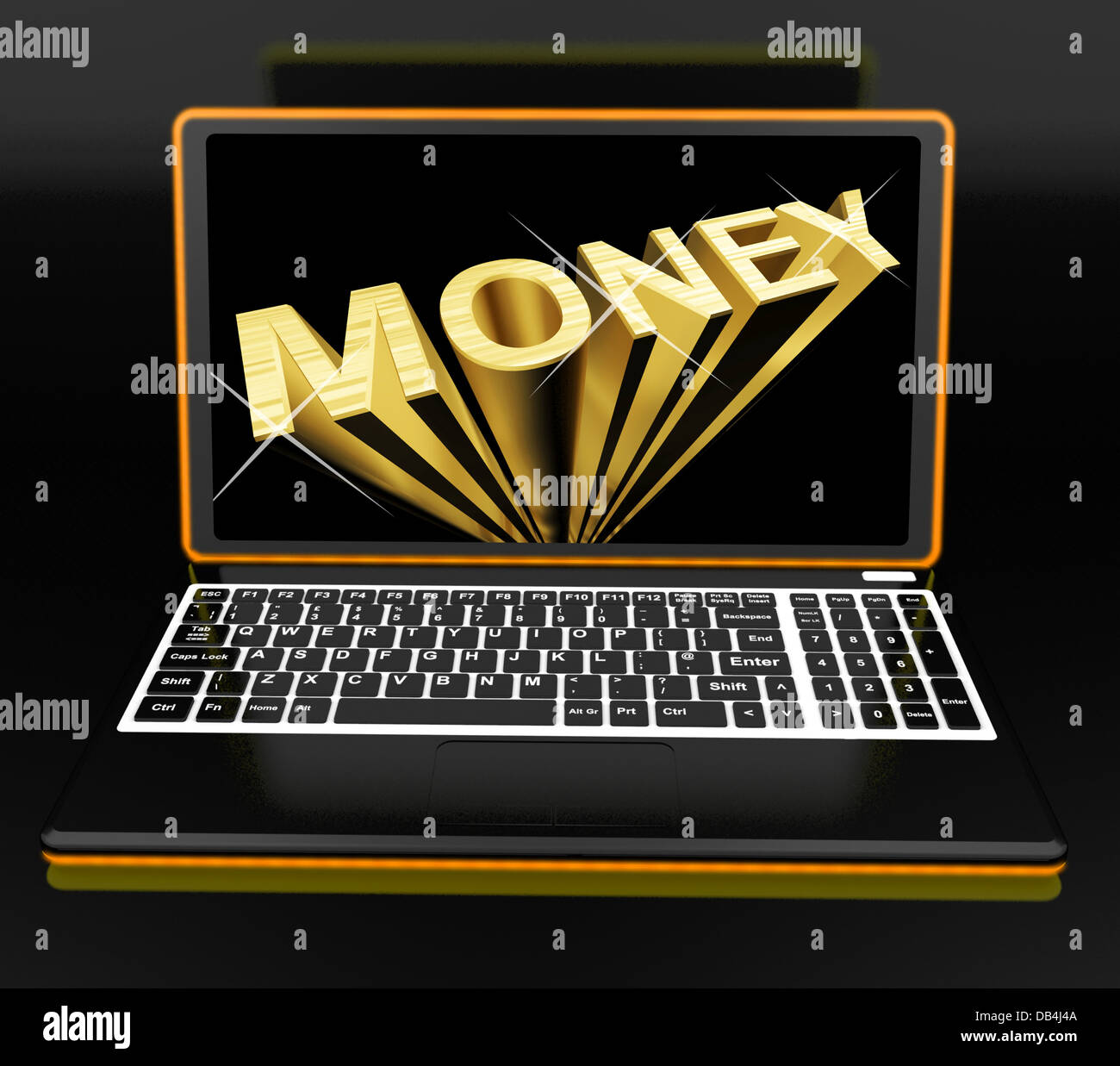 Denaro su laptop che mostra guadagni Foto Stock