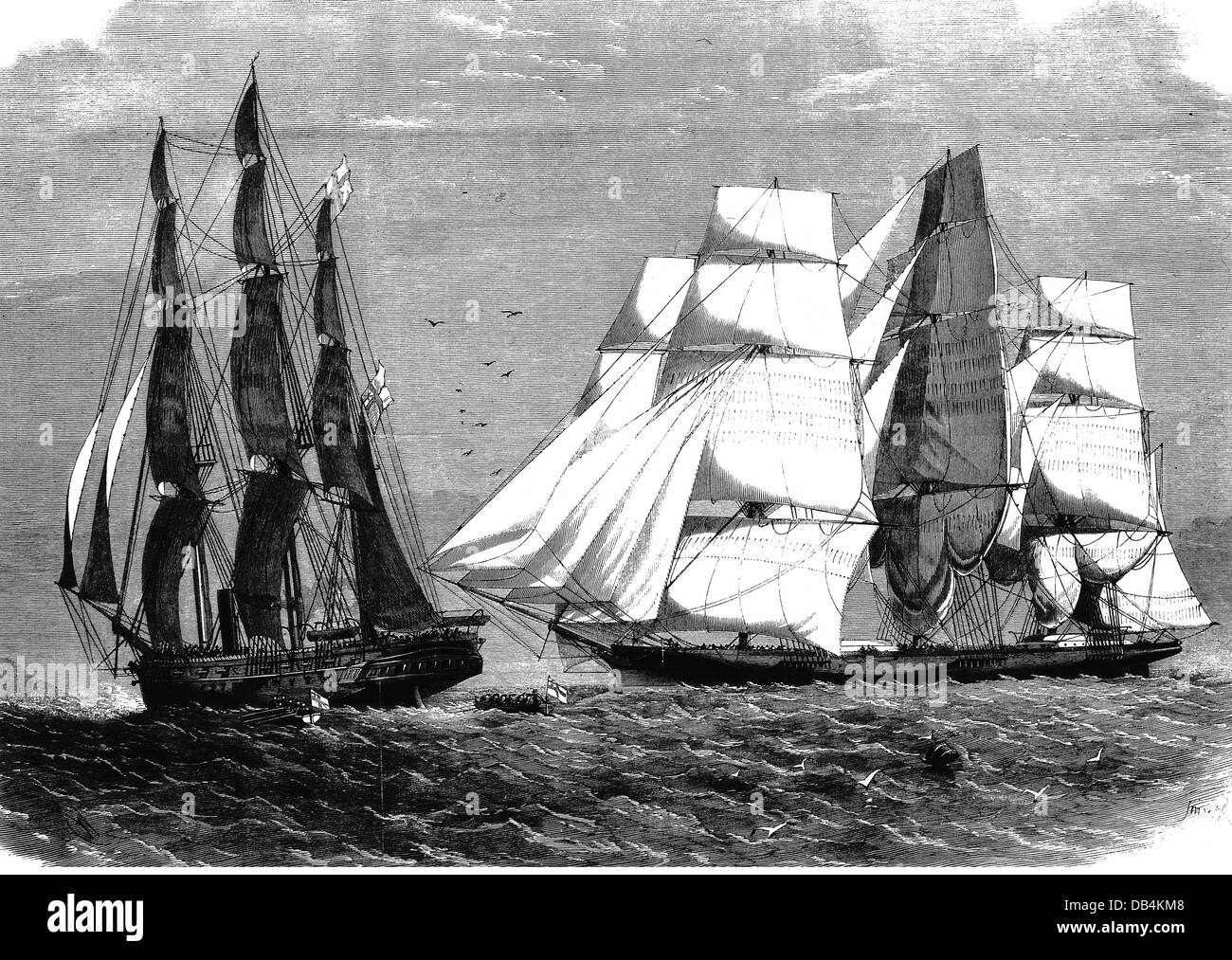 Schiavitù, combattimento, cattura della nave schiava "Emanuela" da parte della nave da guerra britannica HMS 'bright', Mozambico Channel, 10.8.1860, incisione contemporanea del legno, diritti aggiuntivi-clearences-non disponibile Foto Stock