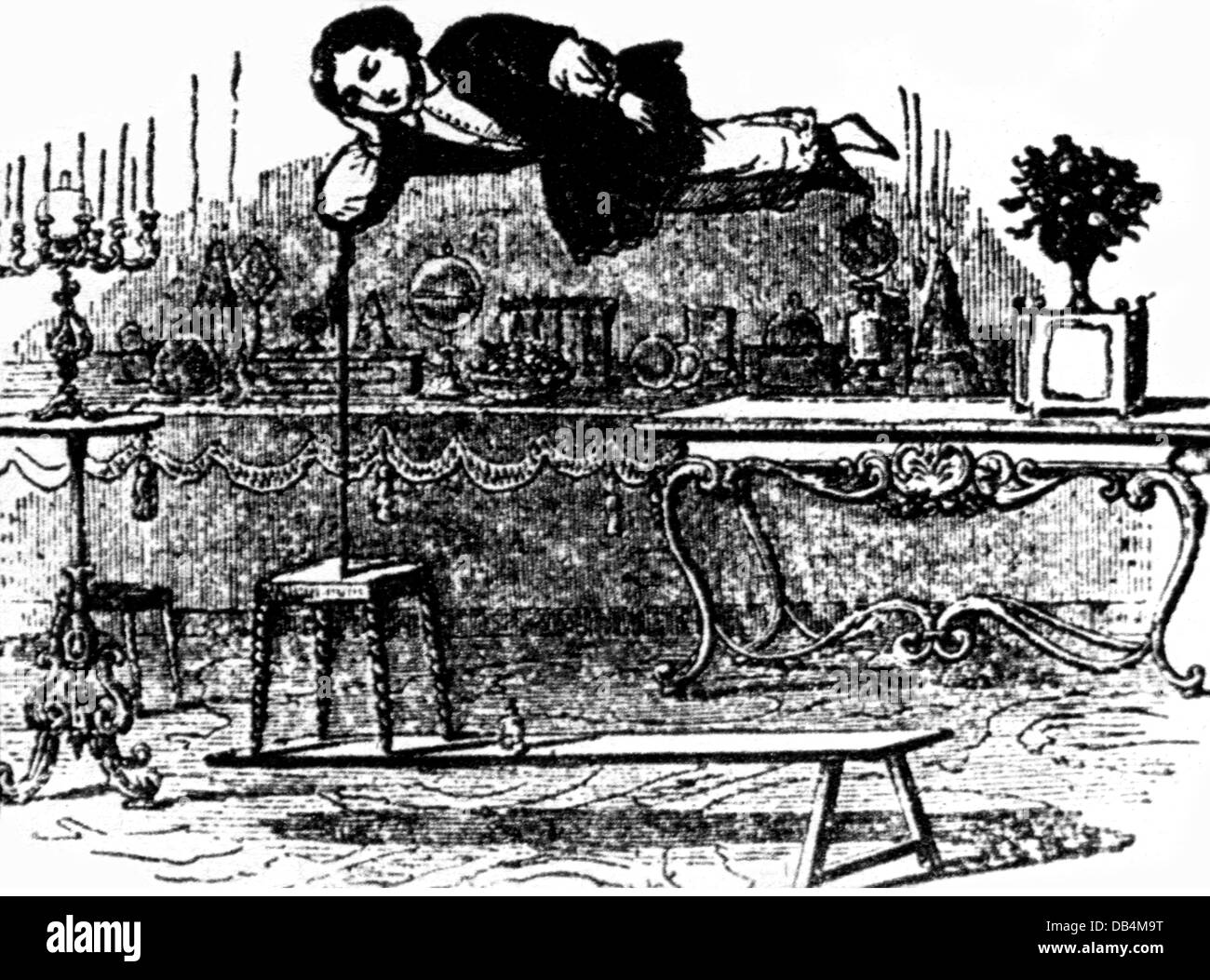 Robert-Houdin, Jean Eugene, 7.12.1805 - 13.6.1871, francese conjurer, eteral sospensione trucco con suo figlio Eugene, disegno, 19th secolo, Foto Stock