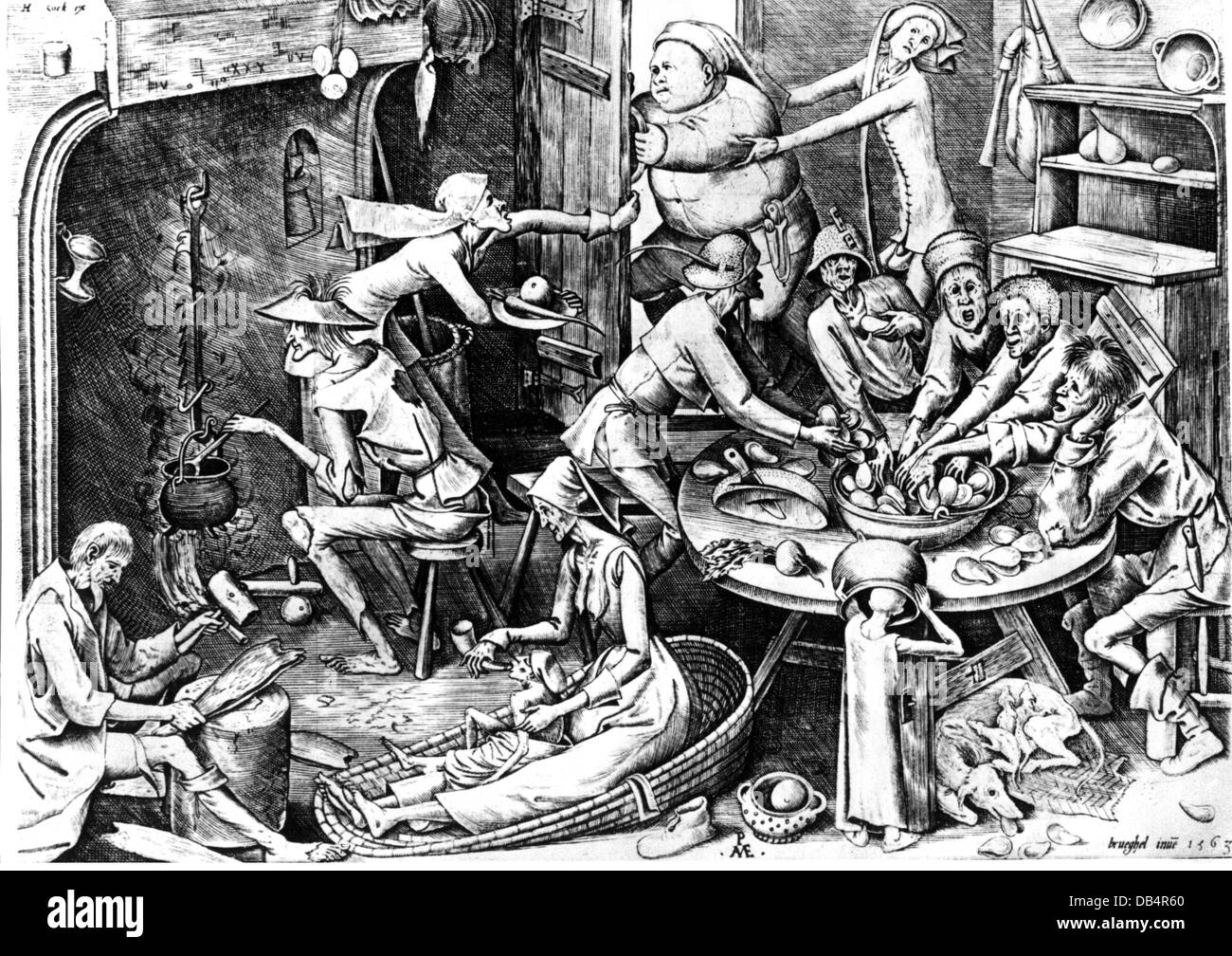 Gastronomia, pasti, 'il magro cucina', di Pieter Bruegel il Vecchio (circa 1525 - 1569), incisione su rame, 1563, artista del diritto d'autore non deve essere cancellata Foto Stock