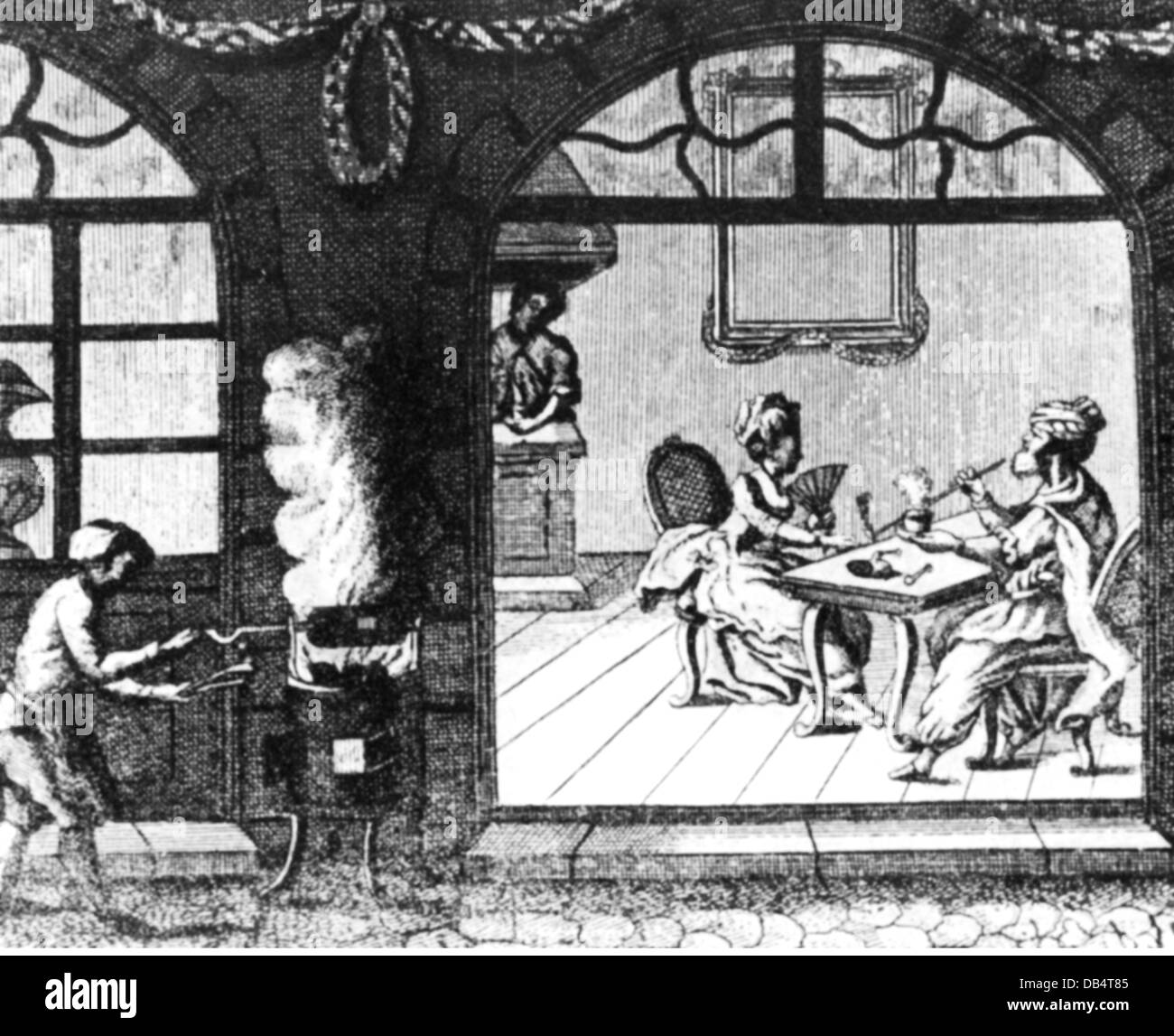 Cibo, caffè, coffeehouse, lady e Turk in una caffetteria, incisione su rame, Francia XVIII secolo, cafe, caffetterie, gastronomia, torrefattore, arrosto, torrefazione, stufa, stufe, preparazione, preparazioni, Persone, Tempo libero Tempo libero Tempo libero, storico, storico, artista del diritto d'autore non deve essere cancellata Foto Stock