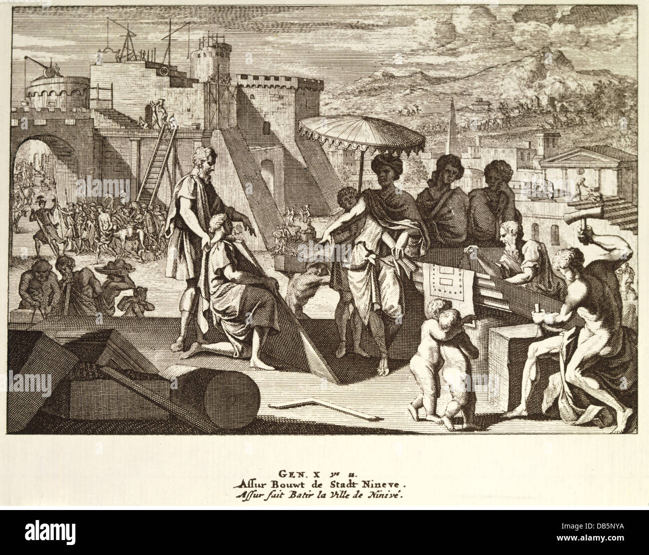 La religione, scene bibliche, Assur è costruire la citiy di Niniveh, incisione su rame di Jan Goeree, Amsterdam, 1730, artista del diritto d'autore non deve essere cancellata Foto Stock