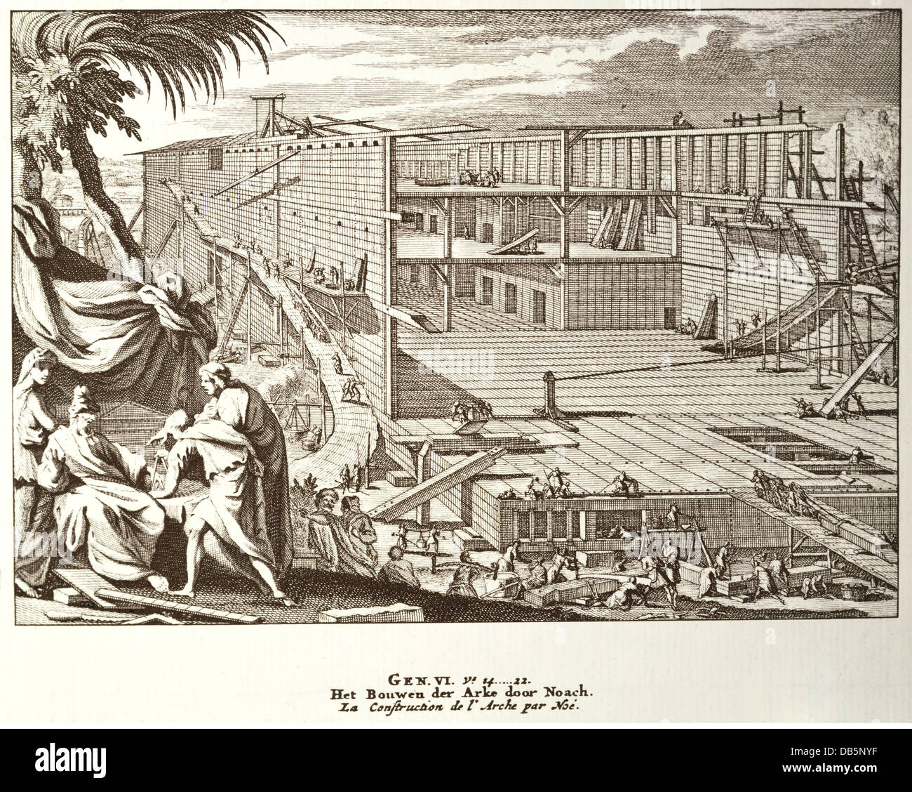 La religione, scene bibliche, l'Arca di Noè, colorato di incisione su rame di Jan Goeree, Amsterdam, 1730, artista del diritto d'autore non deve essere cancellata Foto Stock
