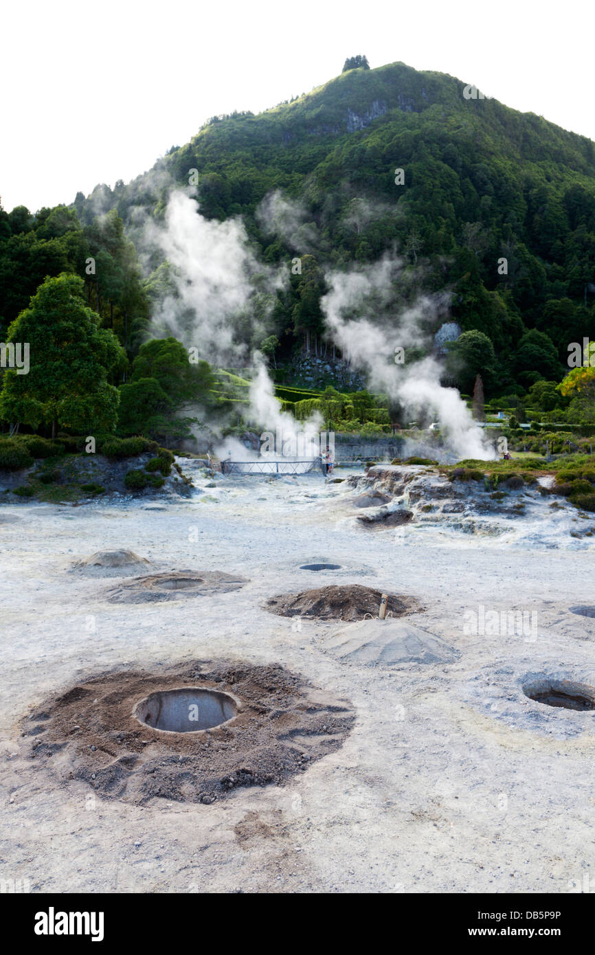 La cottura di fori nel terreno vicino le sorgenti calde di Lago di Furnas Foto Stock