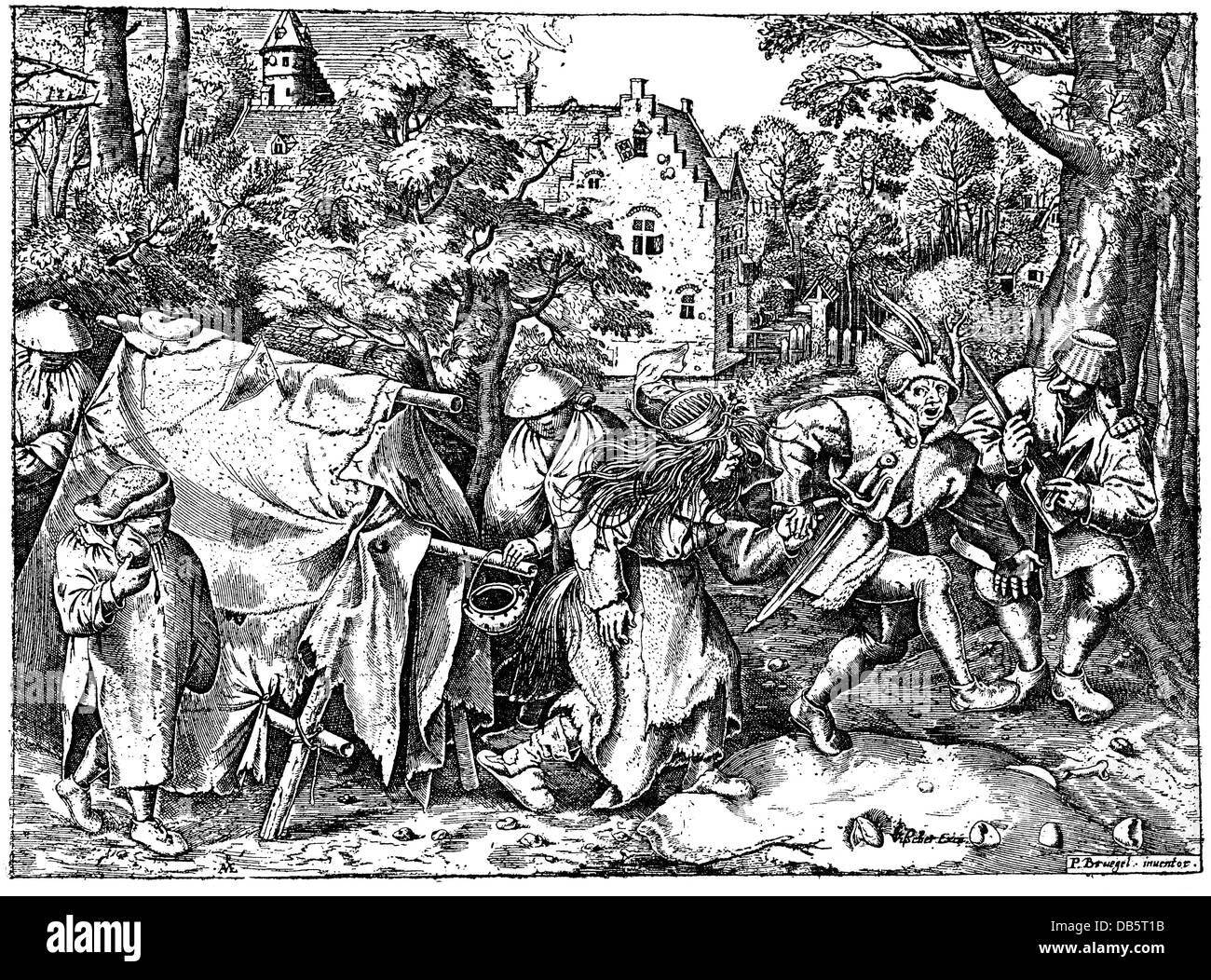 Persone, povertà / disagio / avversità, mendicanti ballare accanto alla loro tenda, incisione su rame di Peter Miricenys (Pieter van der Heyden), dopo Pieter Brueghel il Vecchio, risalente alla fine del XVI secolo, collezione privata, poveri, stampare stampe, mendicante, belle arti, mendicante, Olandese, danza, castello in background, storico, storico rinascimentale, artista del diritto d'autore non deve essere cancellata Foto Stock