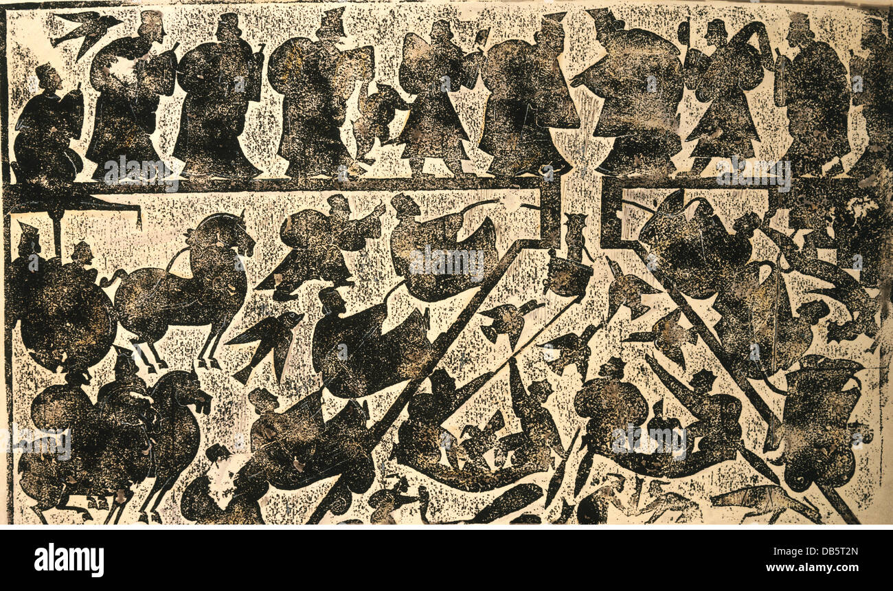 Belle arti, Cina, Dinastia Han, Brass Rubbing, la parete della camera di sepoltura della famiglia Vu nello Shandong, 147 BC / 68 BC, grande dipinto "Il recupero della perduta Three-River', British Museum di Londra, artista del diritto d'autore non deve essere cancellata Foto Stock