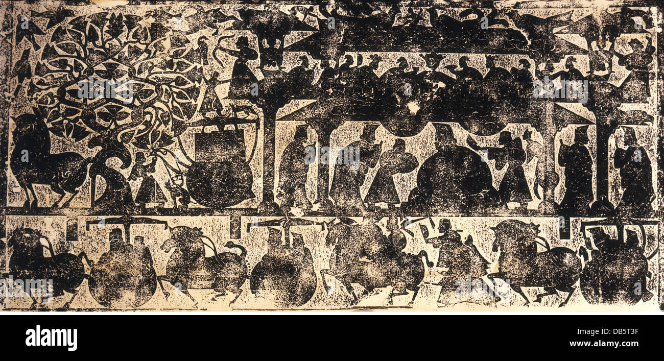 Belle arti, Cina, Dinastia Han, Brass Rubbing, la parete della camera di sepoltura della famiglia Vu nello Shandong, 147 BC / 68 BC, grande pittura murale con la ricezione della trasmissione nella parte anteriore dei dignitari, British Museum di Londra, artista del diritto d'autore non deve essere cancellata Foto Stock
