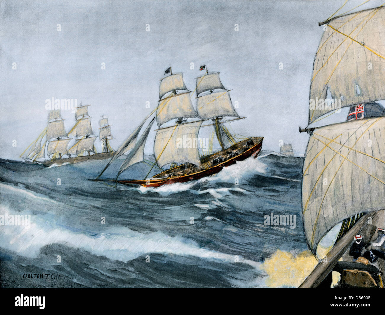 American corsaro "Comet" vela attraverso la flotta inglese, la guerra del 1812. Colorate a mano di mezzitoni una illustrazione Foto Stock