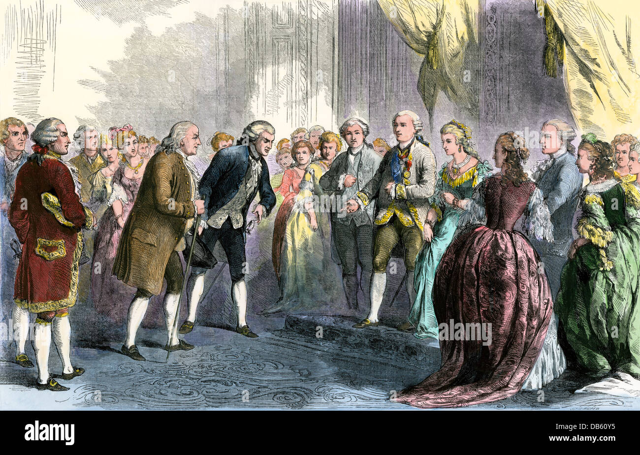 Benjamin Franklin ha presentato a Luigi XVI e Maria Antonietta alla corte francese. Colorate a mano la xilografia Foto Stock