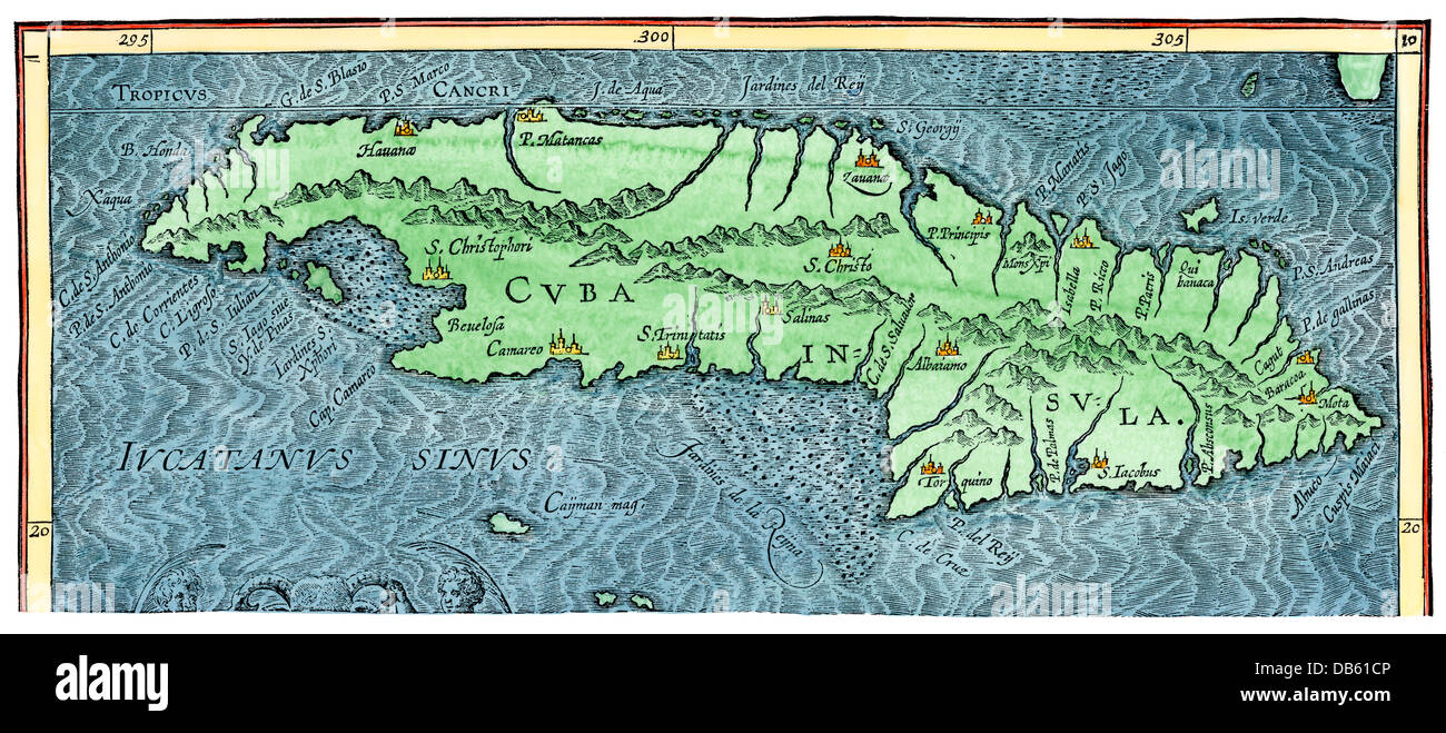 Inizio Mappa di Cuba, 1597. Colorate a mano la xilografia Foto Stock