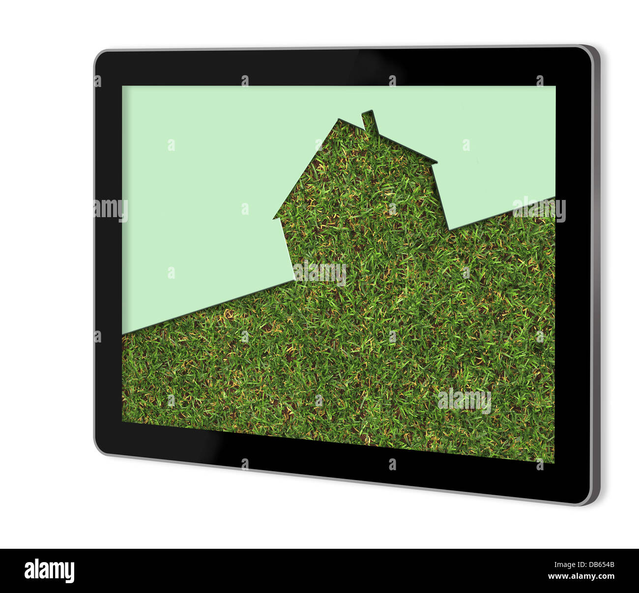 Casa eco metafora realizzato nel software 3D sullo schermo del tablet Foto Stock