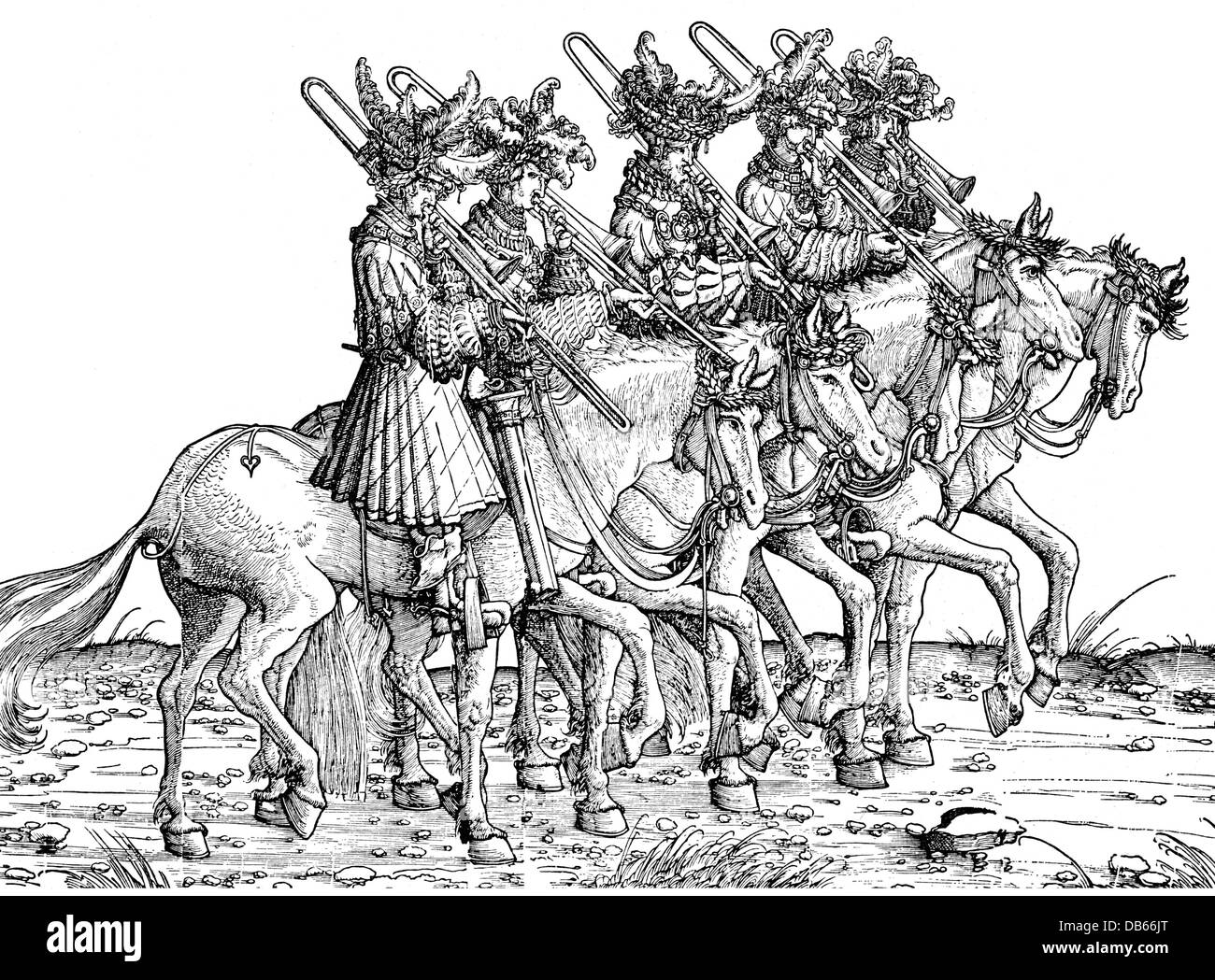 Musica militare, banditori borgognoni, incisione in legno, XIX secolo, dopo un taglio di legno da 'Triumph dell'imperatore Massimiliano i', di Hans Burgkmair il Vecchio, 1512 - 1519, diritti aggiuntivi-clearences-non disponibile Foto Stock